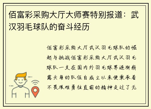 佰富彩采购大厅大师赛特别报道：武汉羽毛球队的奋斗经历